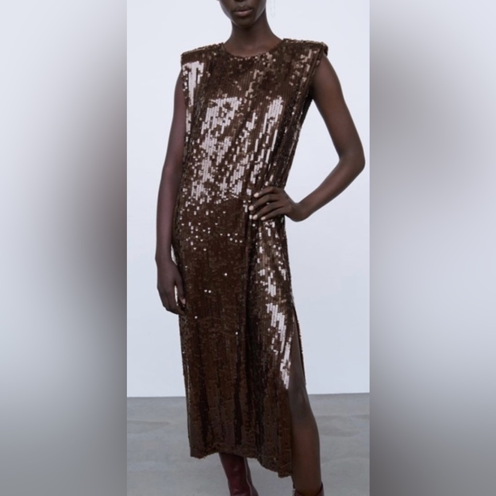 Zara Chocolate Brown Sequin Midi Dress